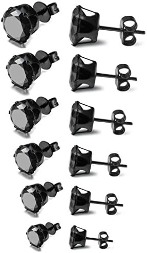 Muške naušnice od nehrđajućeg čelika od nehrđajućeg čelika, umetnute crnim okruglim kubičnim cirkonijem, 6 pari 3 mm-8 mm