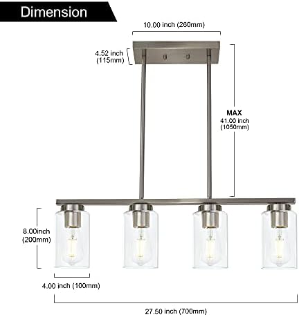 Moderna kuhinjska otočna svjetiljka s prozirnim staklenim sjenilima, privjesci Od 4 svjetiljke od brušenog nikla za blagovaonicu