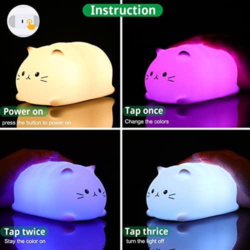 Tremdwoto Cat Night Light For Kids Girls Spavaća soba, USB punjenje silikonske svjetiljke, slatka kitty rasadnička svjetlost