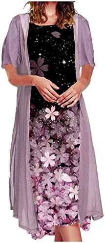 Lepršave haljine za žene s okruglim vratom šifonski kardigan bez rukava s cvjetnim printom Midi haljina bez rukava dvodijelna