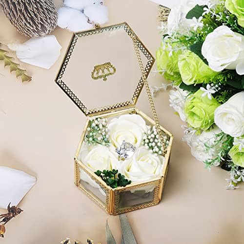 2001. - Vintage staklena kutija za nakit zlatna metalna kruna šesterokutna memorijska kutija držač za stolni nakit vjenčani