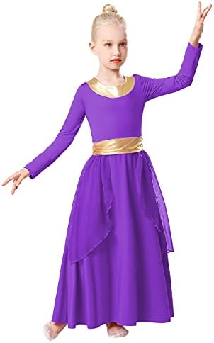 Hihcbf djevojke dugi rukavi pohvale plesna haljina liturgijska metalni pojas široki ljuljački šifonska suknja bogoslužje
