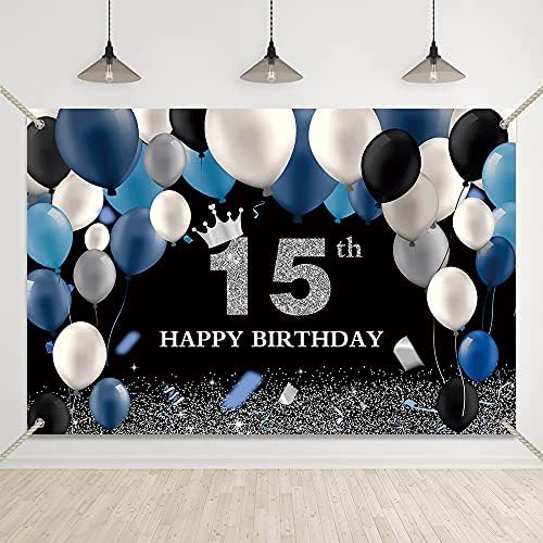 Crno-srebrna pozadina za 15. Rođendan, kruna od tamnoplavih i bijelih balona, 15 ukrasa za rođendanske zabave, petnaest natpisa