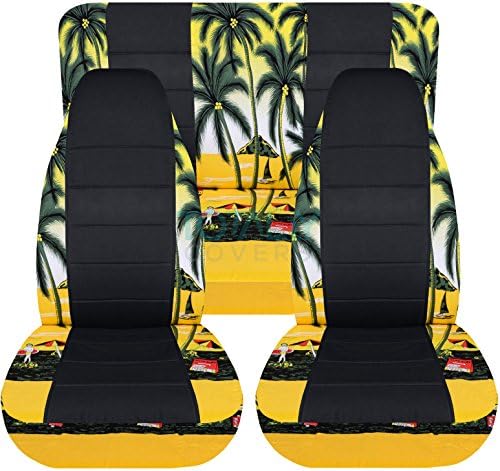Potpuno pokriva kompatibilne s 1997-2006 Jeep Wrangler TJ Hawaiian & Black Siat Cows: Yellow W Palm Tree-Full Set: Front