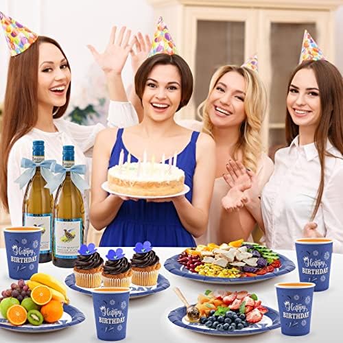Plavi pribor za zabavu 168pcs ukrasi za rođendanske zabave set tanjura i salveta Sretan rođendan papirnati tanjuri za zabave