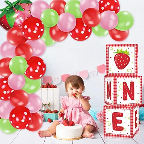 Kutije za tuširanje s jagodama, ukrasi za prvi rođendan s balonima, 3 bloka s temom jagoda s jednim slovom, dekor za prvi