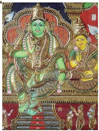 Egzotična Indija 54 X 42 Rama Darbar Tanjore Slikanje | Tradicionalne boje s 24k zlatom | Okvir od teakwood | Zlato &