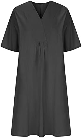 LMDUDAN WOMENS Čvrsta pamučna lanena haljina modna kratka rukava s V-izrezom ljetne haljine casual Flowy Mini košulje haljina