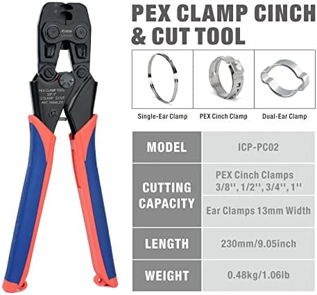 ICRIMP ICP-PC02 PEX CLAMP Alat za pričvršćivanje i uklanjanje pex stezaljki od nehrđajućeg čelika, 3/8 , 1/2, 3/4 , 5/8 i