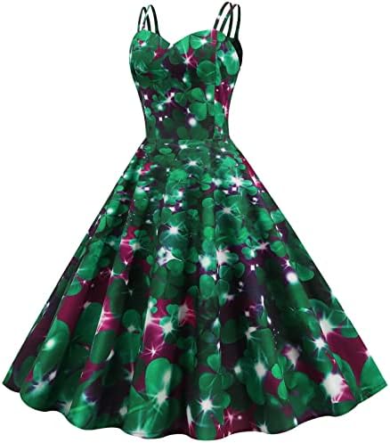 Ženske vintage haljine iz 1950-ih, elegantna večernja haljina bez rukava s printom zelene djeteline, koktel ljuljačka haljina