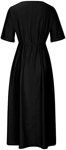 Ženska lanena haljina s košuljom, ležerna duga ljetna haljina s okruglim vratom i kratkim rukavima, jednobojne maksi haljine