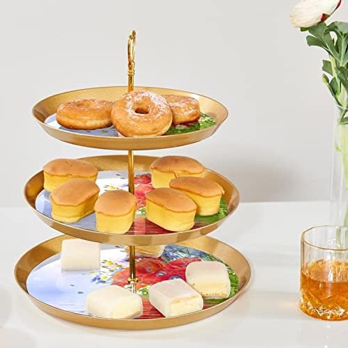 3 slojeva stalak za torte, mak cvjetovi desert zaslon, plastični okrugli držač kolača za posluživanje za vjenčanje rođendan