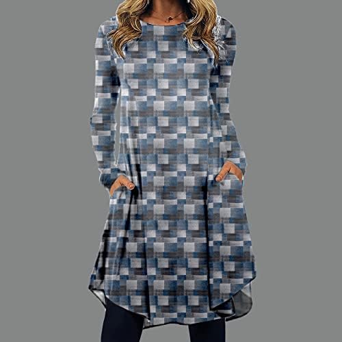 Haxhyqkp majice haljine za žene jesen plus size posada s dugim rukavima etnička tiskana tunična haljina