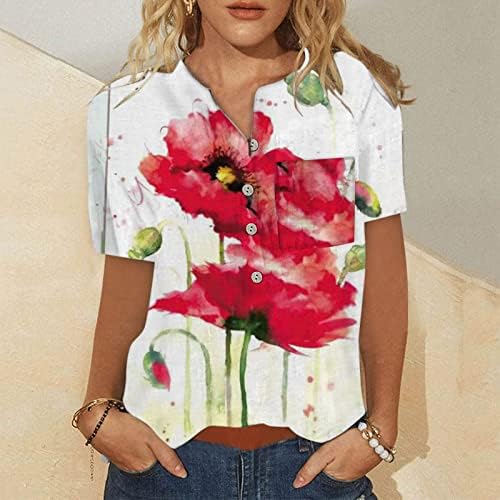 Majice ljetnih pamučnih posteljina za žene gumb kratkih rukava Down Henley košulje povremene ljetne vrhove labave cvjetne