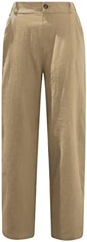 LCEPCY lanene hlače za žene, gumbi za elastični struk Čvrste hlače s ravnim nogama Ljeto labave hlače visokog struka s džepovima