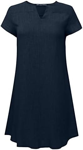 Ženske pamučne posteljine midi haljina kratki rukavi v vrat labave tunične haljine Ljetno labava čvrsta boja vintage casual