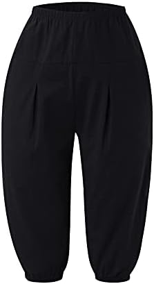 Ženske pamučne lanene hlače Capri, plaža širokim nogama labava fit dužina koljena teret capris ljeto casual ošišane hlače