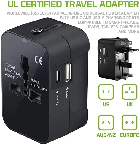 Travel USB Plus International Power Adapter kompatibilan s Blu Studio 5,5C za svjetsku energiju za 3 uređaja USB Typec, USB-A