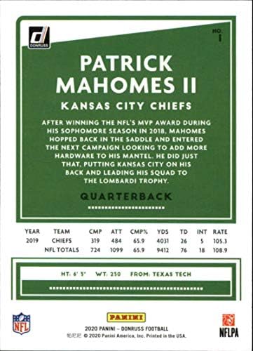 2020. Donruss nogomet 1 Patrick Mahomes II Kansas City Chiefs Službeni NFL trgovačka karta Panini Amerika