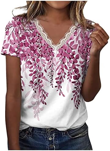 Ženske čipke v vratni vrhovi ljetni cvjetni print majica gornja kratka rukava haljina bluza ležerna labava fit tunika majice