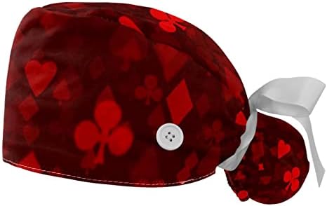 2pcs Nurse Piling kapice Žene dugu kosu, uzorci crvenih pokera Podesivi radni poklopac s gumbom i trakom za znoj