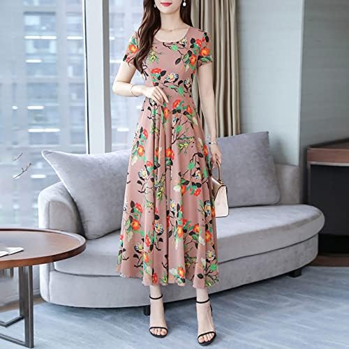 Ljetna haljina za žene, ležerna haljina A kroja s kratkim rukavima s cvjetnim printom, slatka šifonska Maksi haljina s okruglim