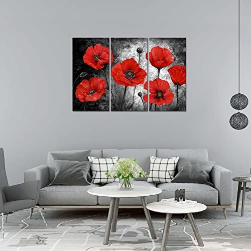 Crveni cvjetni cvjetni zid umjetnost, 3 komada cvjetna na tamno sivoj pozadini platno print Priroda Zidna umjetnost za dnevnu