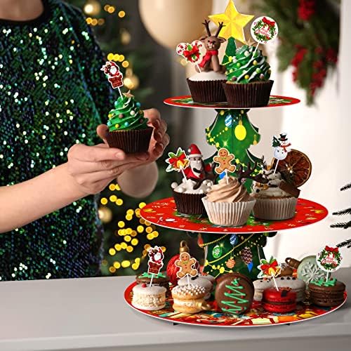 SAWYSINE božićni kolač Cupcake 3 sloj božićnog stajališta sa stajalištima s 24 PCS CUPCAKE Toppers Xmas Torte Tower Ladica