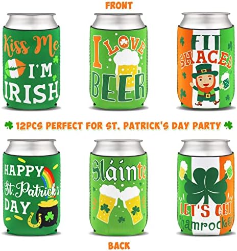 12 PCS -a St. Patrick's Day Can Koozies Coolers Slušavi zabava Favors Opssies Saint Paddy's Day Irish Shamrock Green Beer