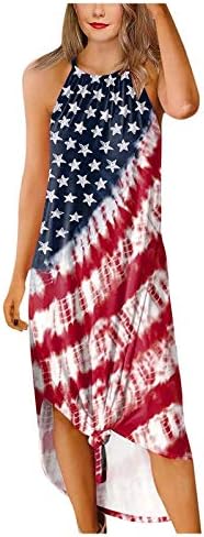 4. srpnja maksi haljine za žene, ljetna ležerna boho haljina sa zastavom SAD-a s naramenicama, sarafani bez rukava s okruglim