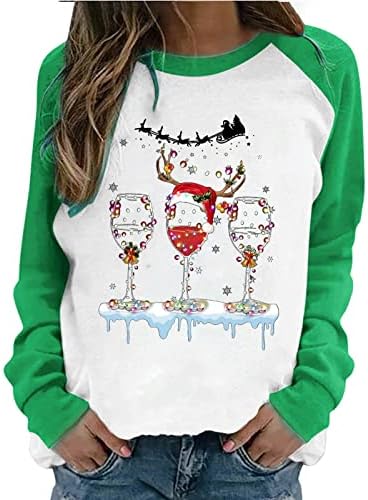 Narhbrg Žene Slatke božićne bluze božićno crveno vino čaša grafička košulja raglan košulje dugih rukava colorblock dukserica