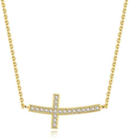 Luksuzna 14-karatna pozlaćena ogrlica Od 925 srebra s kubičnim cirkonijem i malim zakrivljenim bočnim križem za žene, 18
