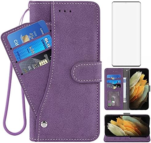 Asuwish Kompatibilan sa Samsung Galaxy S21 Ultra Glaxay S21ultra 5G Torbica-novčanik i zaštitna folija za zaslon od kaljenog