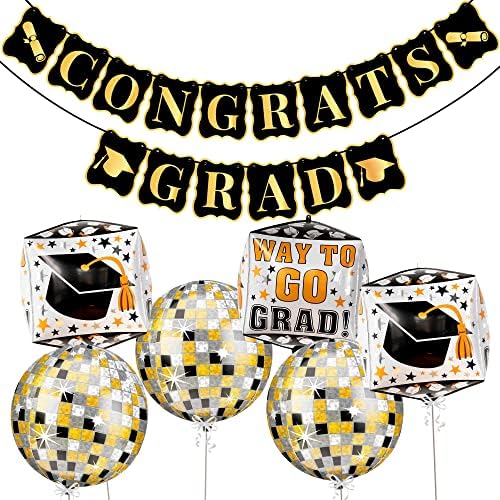 Diplomirani baloni 2023 - Pakovanje od 6 sa zlatnim čestitanjem znaka Grad - 10 stopa | Black Congrats Grad Banner | Diplomirani