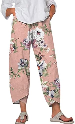 ZDFER ženske pamučne lanene hlače Elastične struke Printanje plaže obrezane teretne dukse s džepnim capri Capri hlačama