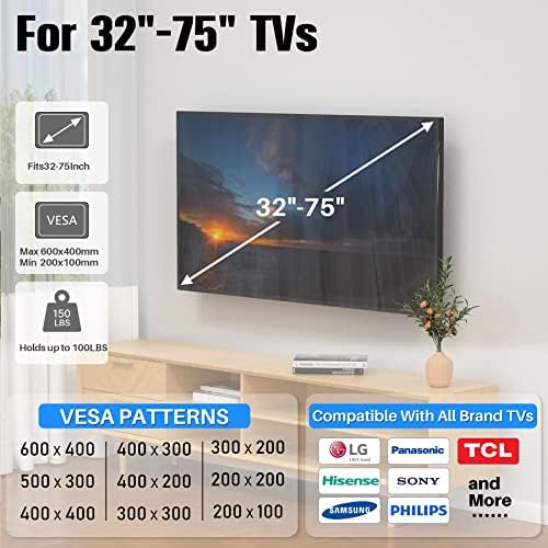 Zidni nosač za većinu televizora od 32-75 inča, univerzalni držač televizora s ravnim ekranom s maksimalnom rezolucijom od