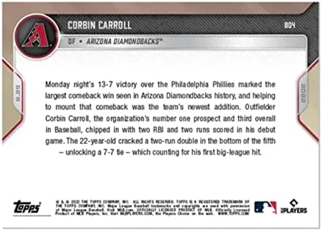 2022 Topps sada Corbin Carroll 804 - Rookie Newcomer Key u najvećem povratku u povijesti tima - Arizona Diamondbacks - Trgovačka