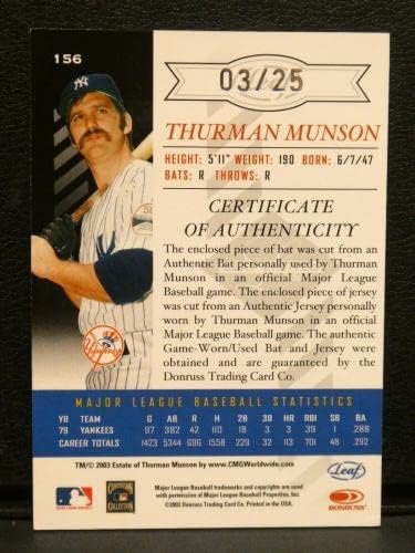 2003. Donruss Leaf Limited Thurman Munson igra istrošena bat -jersey zakrpa 03/25156 - MLB igra korištena dresova