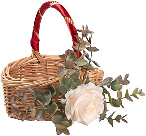 Košara za cvjetnice za vjenčanje, pletena od ratana, ručno izrađena mala cvjetna košara s ručkom, umjetnim cvijetom i lišćem