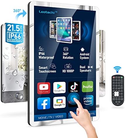 Leotachi 21,5-inčni smart mirror tv za kupaonicu, vodootporan za tuširanje, dodirni ekran i daljinski upravljač, okret za