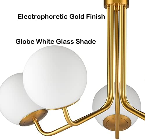 Moderna Zlatna stropna svjetiljka Srednjeg stoljeća s prozirnim nosačem, 5-Cijevni bijeli stakleni globus, luster za ugradnju,