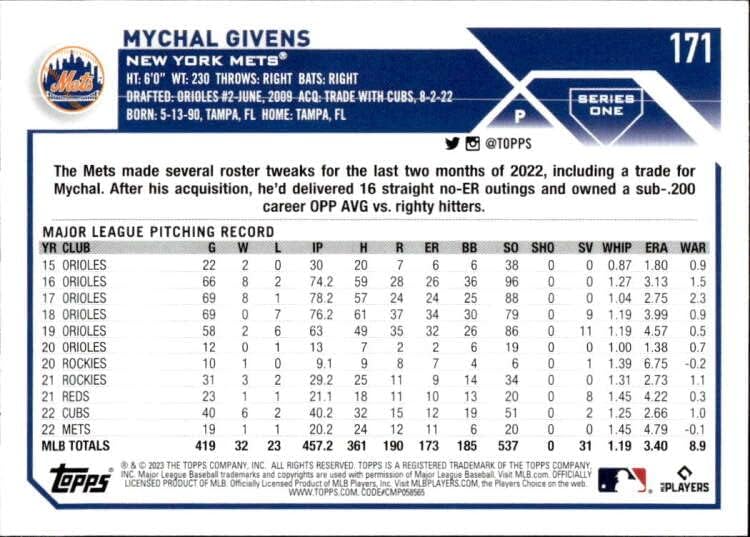 2023 Topps 171 Mychal Givens New York Mets Series 1 MLB Trgovačka kartica