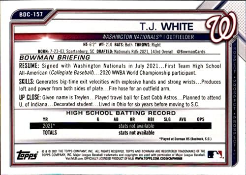 2021. Bowman Chrome nacrt BDC-157 T.J. Bijeli RC Rookie Washington Nationals MLB Trading Card